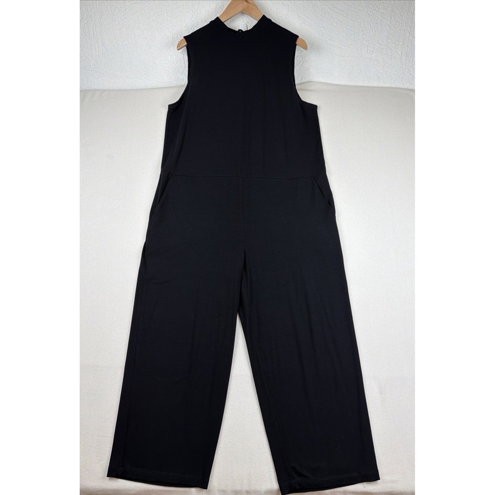 Eileen Fisher Wide Leg Crop Jumpsuit Size L Black Sleeveless High Neck‎ Preppy